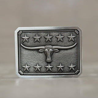 Custom Long Horn Design Belt Buckle - Buckingham Pewter