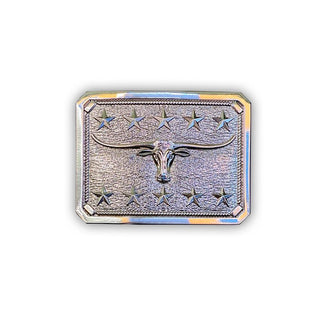 Custom Long Horn Design Belt Buckle - Buckingham Pewter