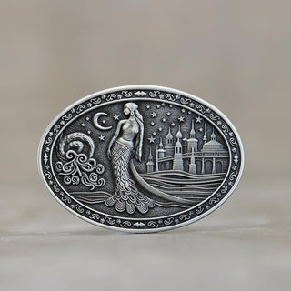 Buckingham Pewter Sumerian goddess buckle featuring an ornate design with celestial elements