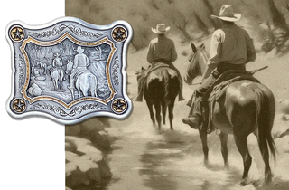 Buckingham Pewter belt buckle featuring cowboy scene engraved with intricate detailing