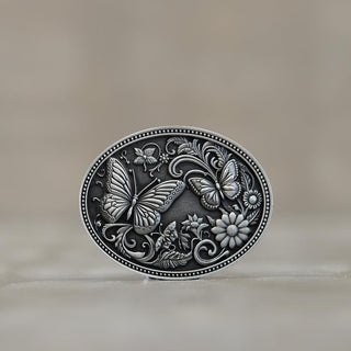 Beautiful butterfly belt buckle small in pewter with intricate floral detailing and butterfly designs