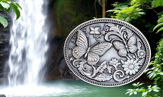 Butterfly belt buckle small by Buckingham Pewter with intricate floral designs and a polished finish