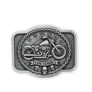 Intricate Buckingham Pewter Live to Ride belt buckle featuring a motorcycle and skull design