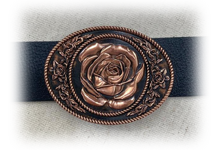 Elegant rose belt buckle by Buckingham Pewter with detailed floral design in antique finish