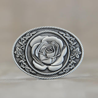 Elegant rose belt buckle by Buckingham Pewter featuring detailed floral designs in antique silver finish