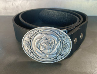 Buckingham Pewter rose belt buckle featuring an intricately designed rose on a black leather belt