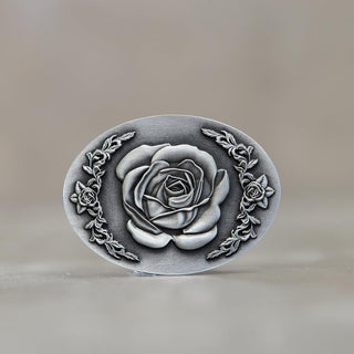 Buckingham Pewter rose design belt buckle featuring an intricately detailed rose and floral border