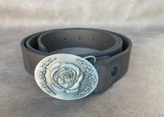 Buckingham Pewter rose design belt buckle on a black leather belt for stylish accessory lovers
