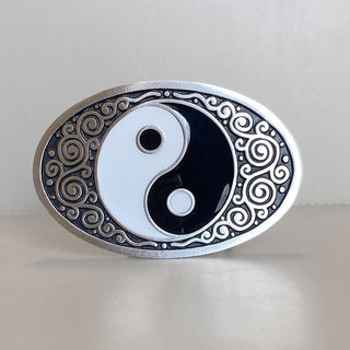 Buckingham Pewter Yin and Yang Belt Buckle with Intricate Scroll Design and Polished Finish