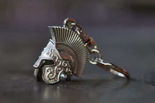Buckingham Pewter Trojan helmet keyring in silver with detailed design and sturdy attachment
