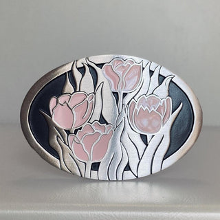 Buckingham Pewter Tulip Elegance Belt Buckle featuring Elegant Tulip Design in Soft Pink and Silver Finish