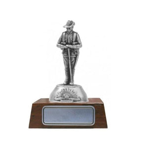 ANZAC Pewter Figurine on a wooden base, showcasing a soldier in uniform as a tribute to Australian heritage