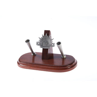 Australian handmade Rising Sun Desk Set with pen holder on a polished wooden base by Buckingham Pewter