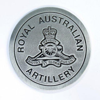 Royal Australian Artillery coaster in pewter featuring detailed emblem and text design for collectors