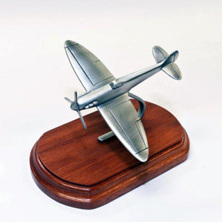 Spitfire model figurine on a polished Jarrah wood base, handcrafted by Buckingham Pewter