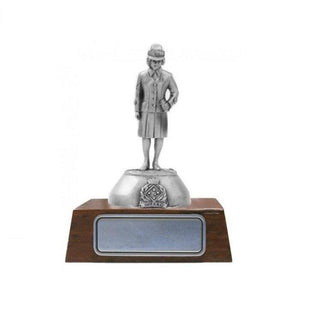 WRAAC pewter figurine on a wooden base, representing the Women's Royal Australian Army Corps